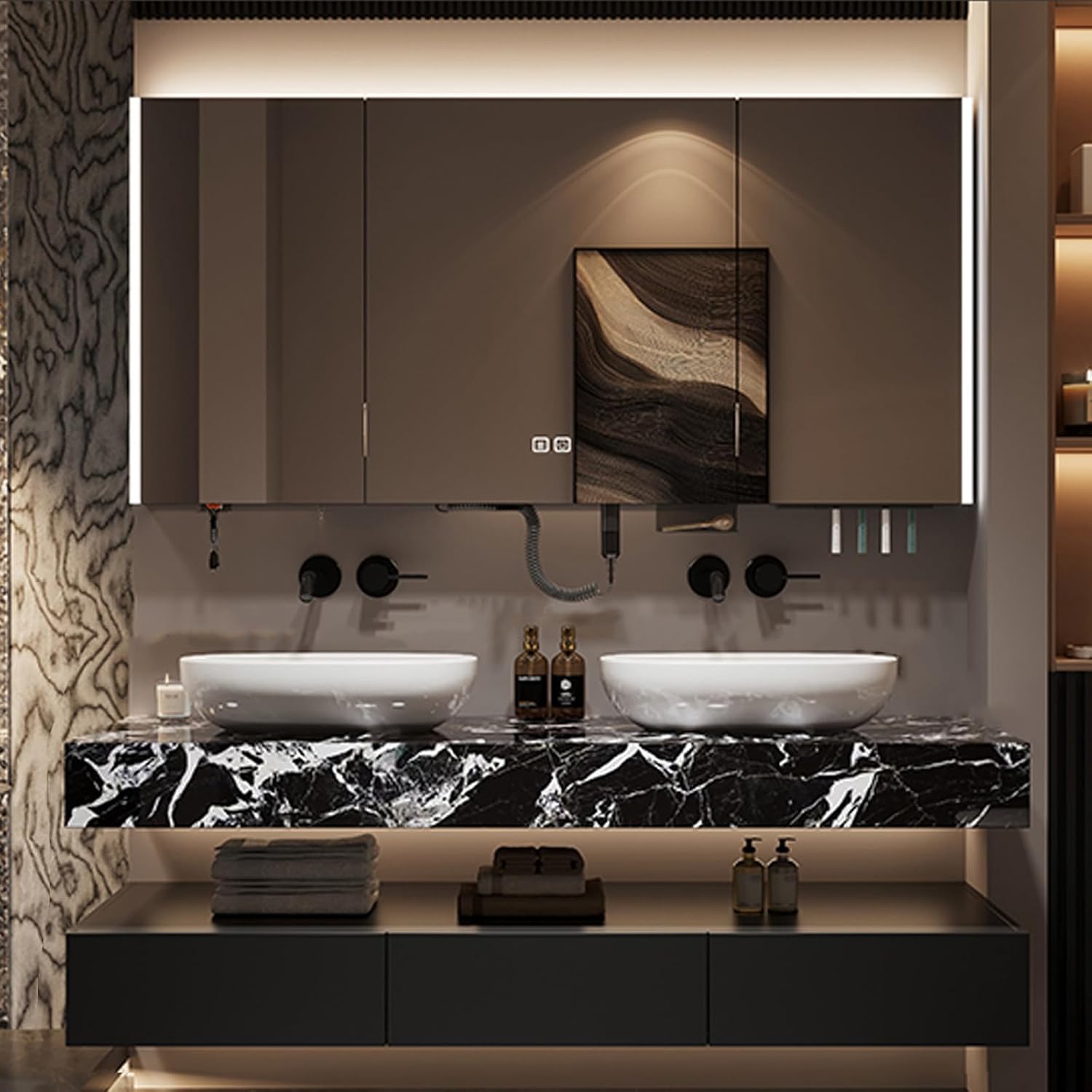 66IN Double Bathroom Vanity with Sink - Floating Bathroom Vanity Set | Includes LED Smart Defogging Mirror Cabinet & 2 Tabletop Ceramic Watercolor Stands | Multi-Layer Solid Wood Material