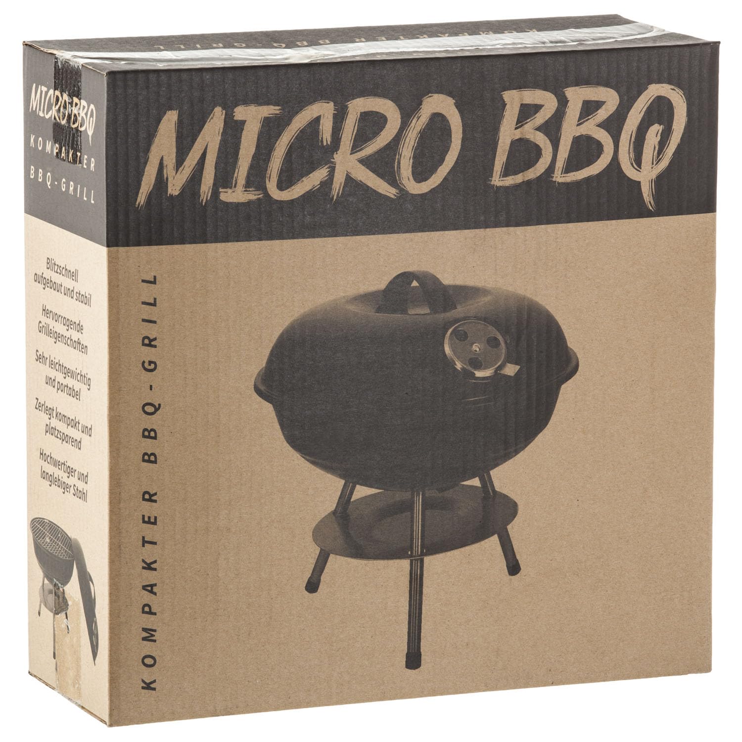 Micro BBQ Campinggrill Kugelgrill Mini Grill; Kompakter Reise Holzkohle-Grill Tischgrill Edelstahl emailliert 38cm (Schwarz)