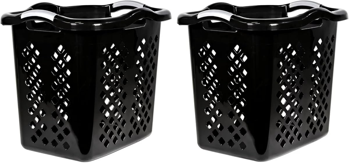 2 bushel laundry baskets with silver handles, black, 2-pack