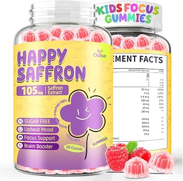 Saffron Gummies for Kids Focus Supplement for Kids with Saffron Extract & Omega-3 Potassium - Happy Mood - Vegan, Sugar-Free