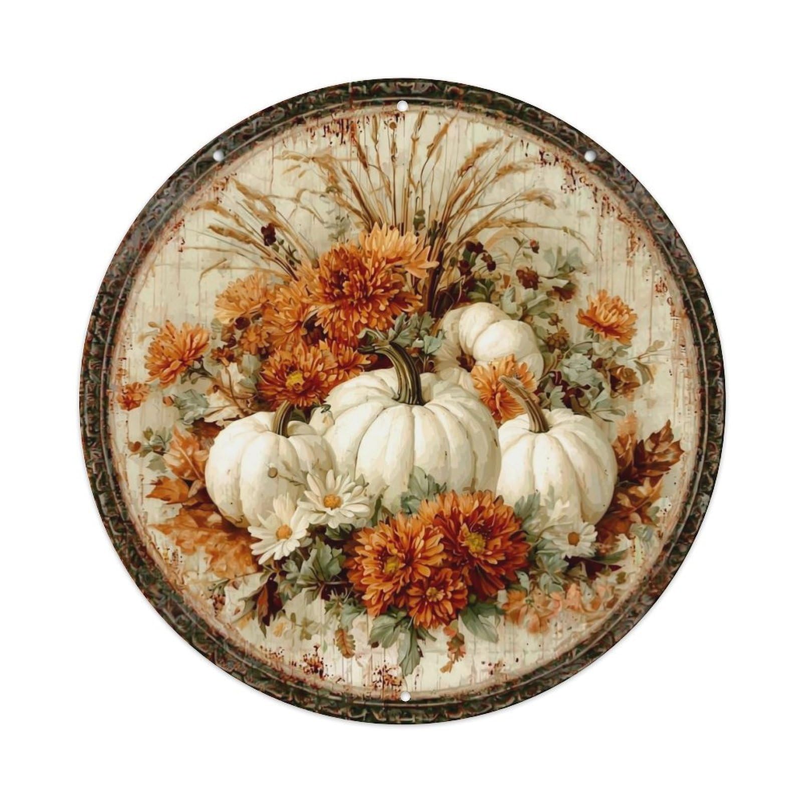 Pumpkin Floral Autumn Harvest Design Retro Metal Sign Round Tin Sign, Vintage Decor Art Poster for Bar, Home, Man Cave, Kitchen, Laundry Room Gift 8x8Inch