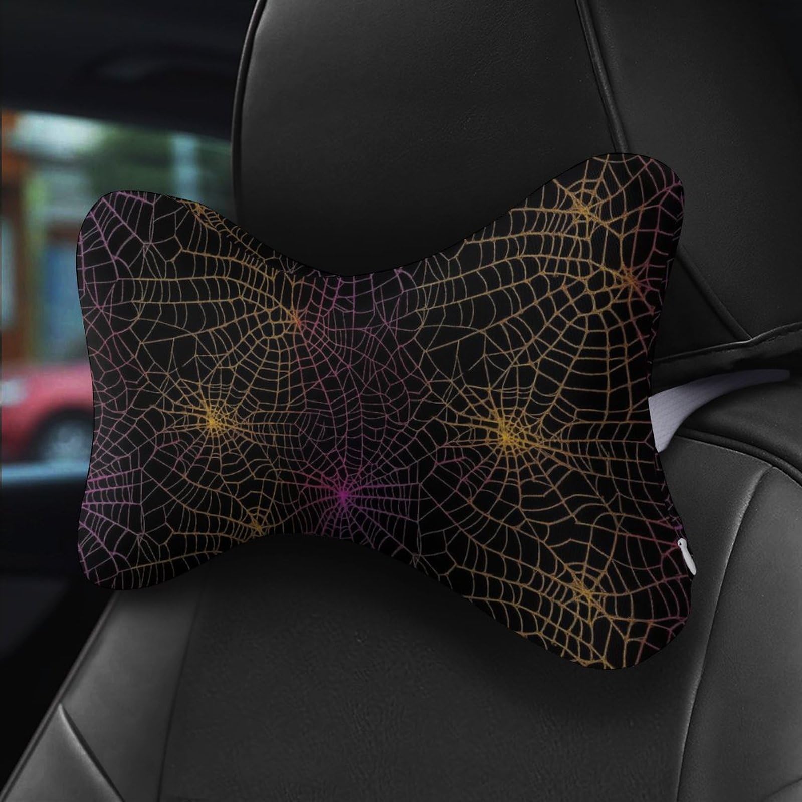 SMAZDFXX Colorful Neon Spider Web Halloween Car Neck Pillow Set of 2 Car Seat Head Support Cushion Bone Pillows with Elastic Strap