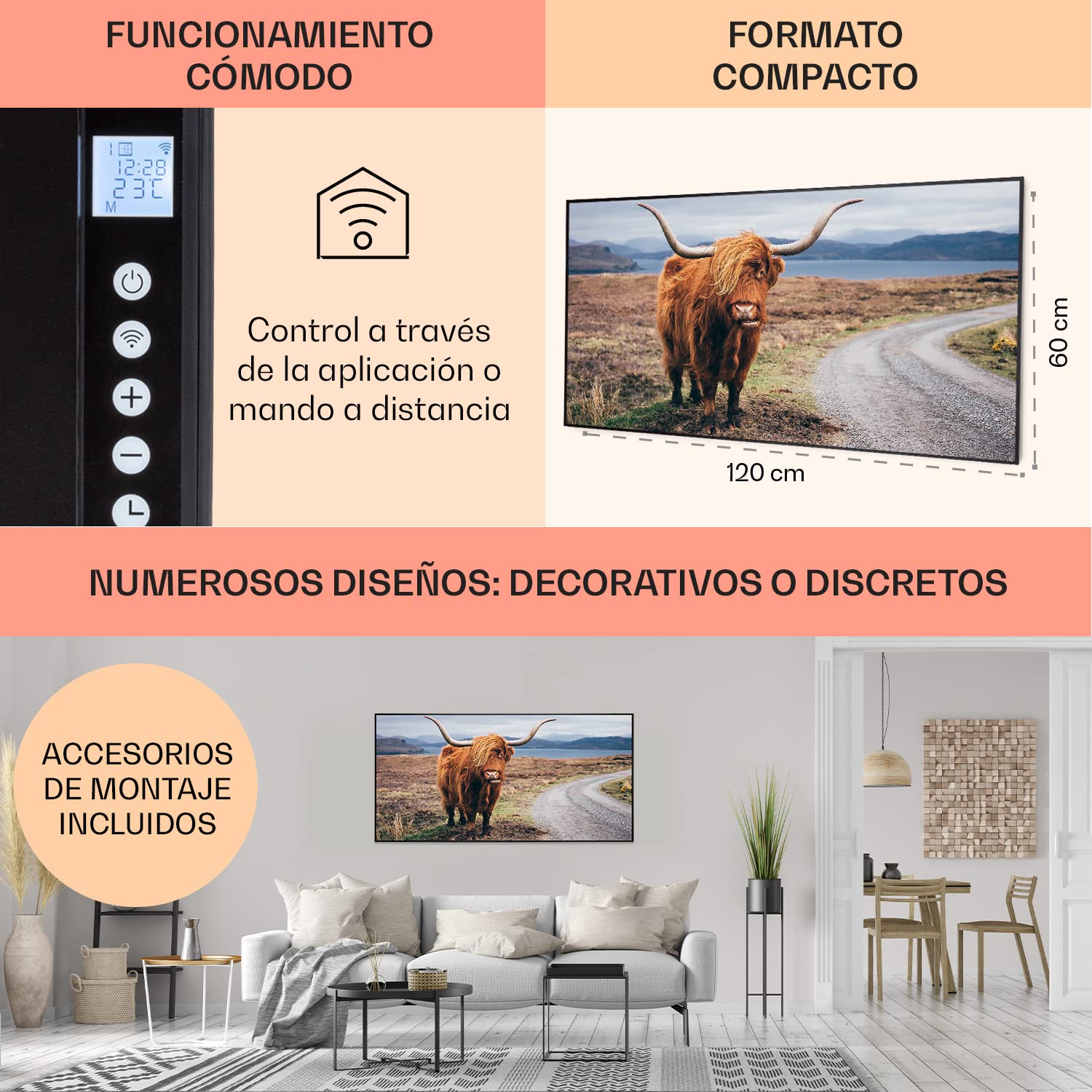 Klarstein Radiador Electrico Bajo Consumo Infrarrojo, de 700W para Casa, IoT/WiFi Control App, Detector Ventanas Abiertas, Termostato, Radiadores Infrarrojos Pared, Calefactores Sin Emisión de CO2