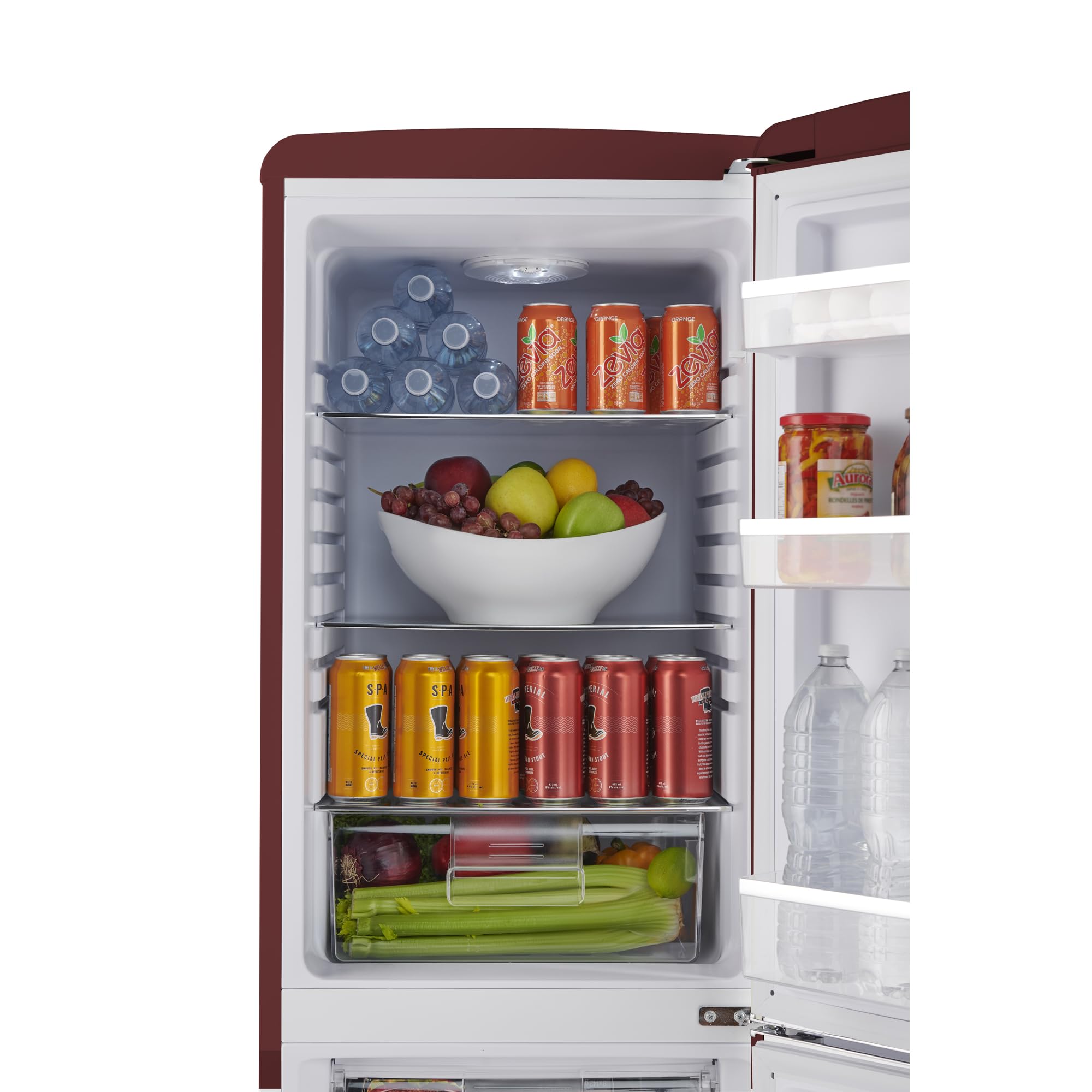 iio 7 Cu Ft Bottom Freezer Retro Refrigerator, Small, With Mini Fridge For Bedroom, 3 Glass Replacement Shelves, LED Light,1 Crisper, 2 Drawers (Red) on Fridge.com - View 5