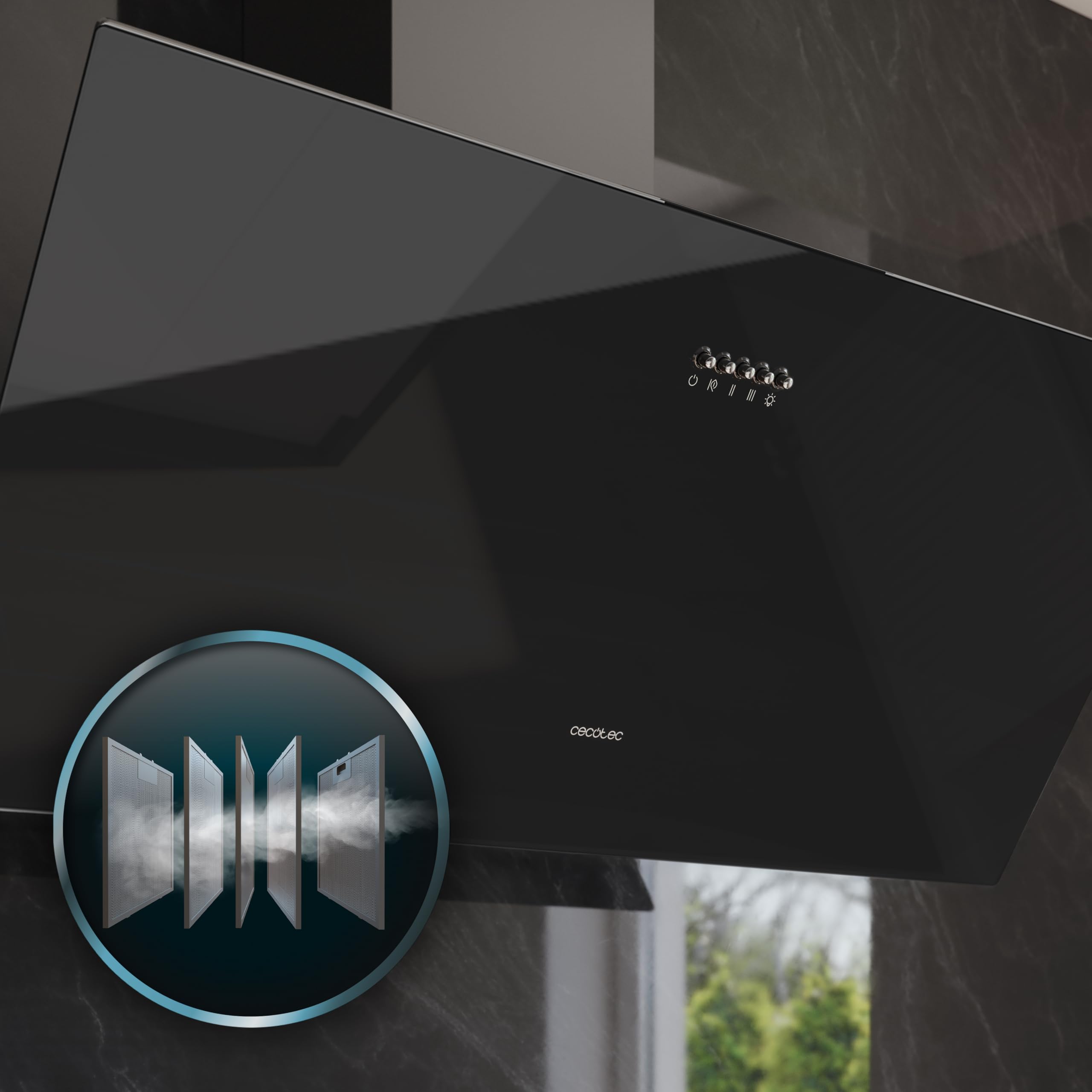 Cecotec Cappa Decorativa 90 cm Bolero Flux DM 906500 Glass Black A. Motore 165W, Basso Consumo, Fronte Vetro Nero, Aspirazione 650m³/h, Controllo Meccanico, 3 Livelli Potenza, Filtro a Carboni Attivi