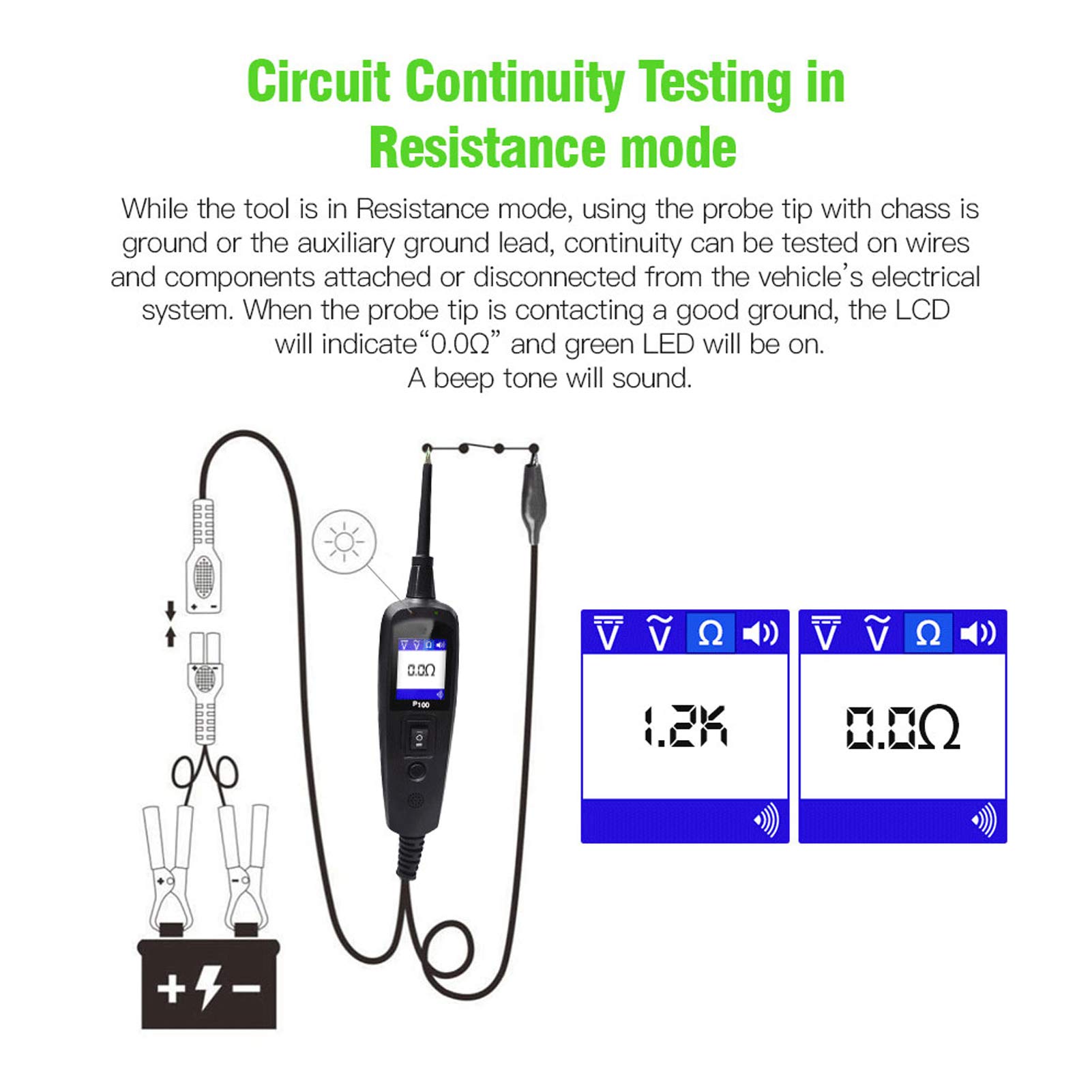 Testeur de circuit, sonde de tension automobile P100 et outil de diagnostic électrique avec câble d’extension de 32,8 pieds, pour contrôler alimentation, masse et continuité