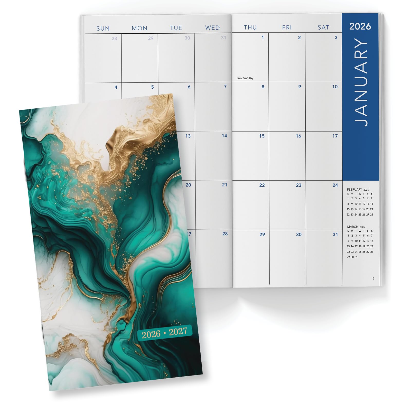 2-Year Monthly Pocket Planner/Pocket Calendar, 3.5"x6.5", 2026-2027: Weekly Planner/Weekly Agenda/Monthly Calendar Organizer (Teal Gold Marble)