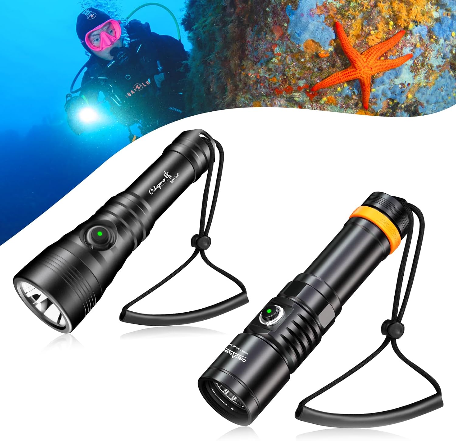 ORCATORCH Dive Light Bundle D710 (3000 Lumen, Black) + Odepro SD1500 (1500 Lumen Backup) - Super Bright Underwater Flashlights for Scuba Diving, Cave Exploration & Night Snorkeling