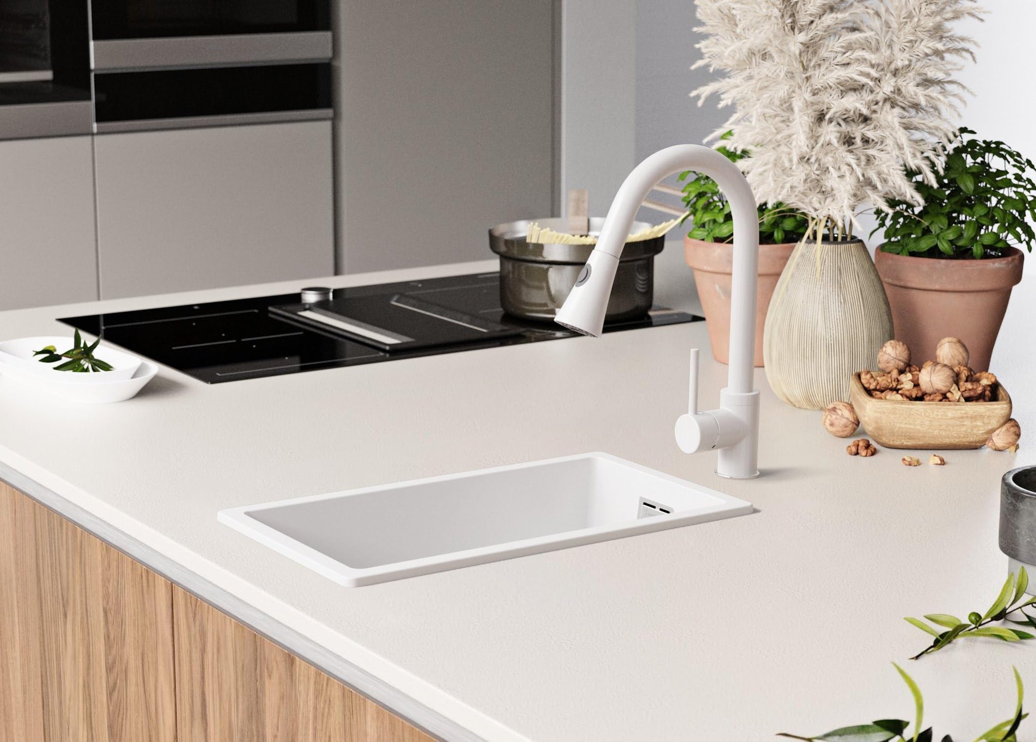 PRIMAGRAN Evier Cuisine en Granit Tout Blanc - London, 26x47cm | Lavabo 1 Bac + Kit de Vidage, Évier à Encastrer au Meuble 30cm (S007)