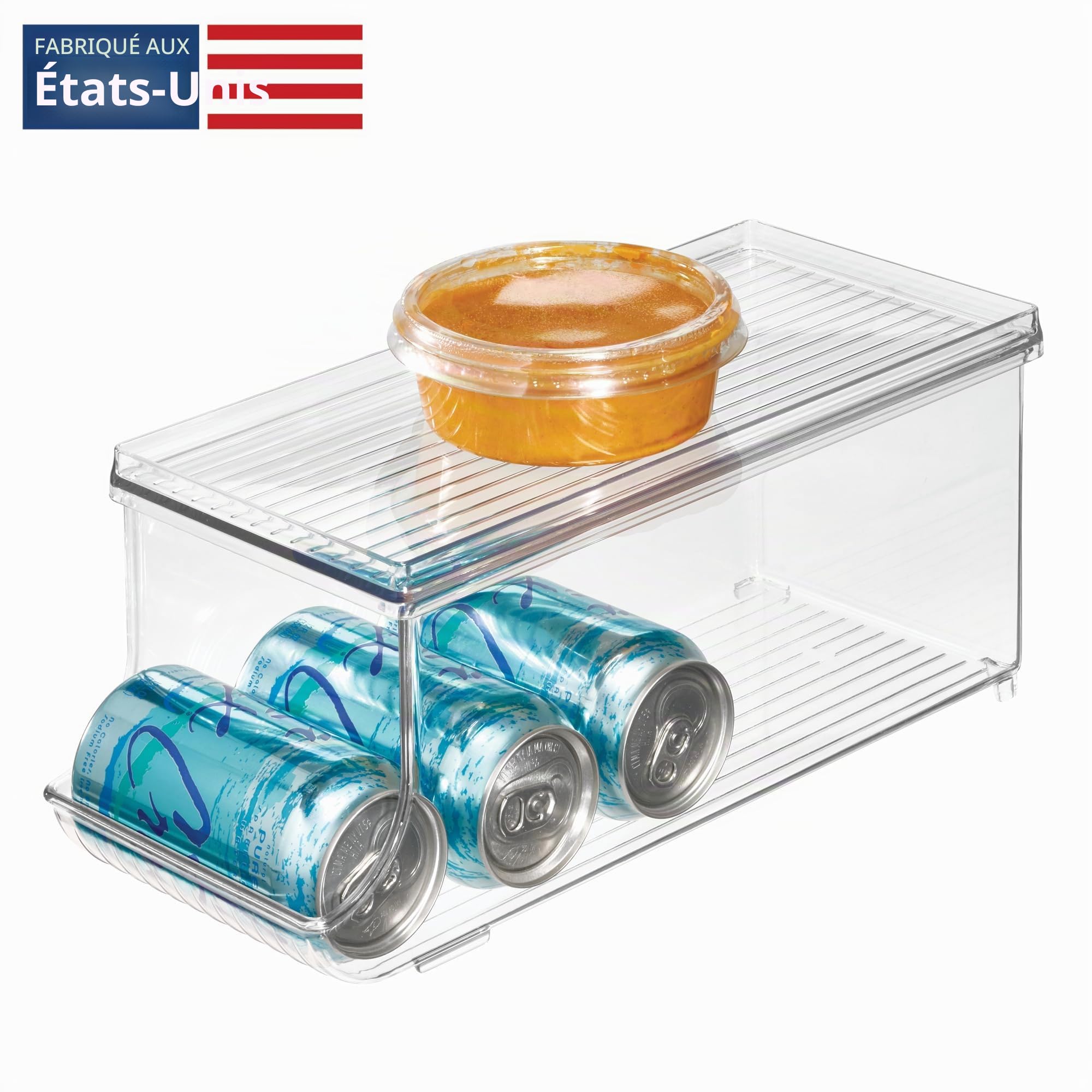 iDesign bac rangement frigo à couvercle, petite boîte conservation alimentaire en plastique pour neuf canettes, boîte alimentaire pour conserves, transparent