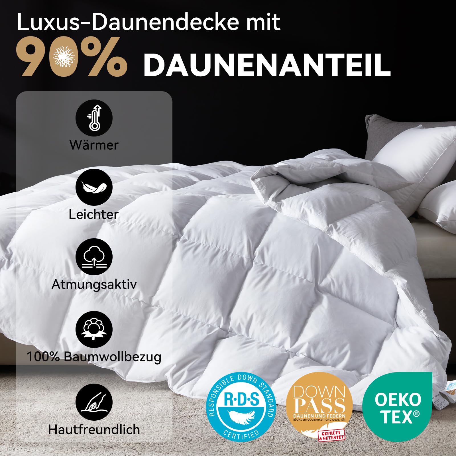 Daunendecke 200x200cm, 90% Daunen und 10% Federn, Klasse 1, Oeko-Tex zertifizierte Winter Bettdecke 200x200, Allergiker, RDS Zertifiziert Daunenbettdecke, Duvet, Winterdecke