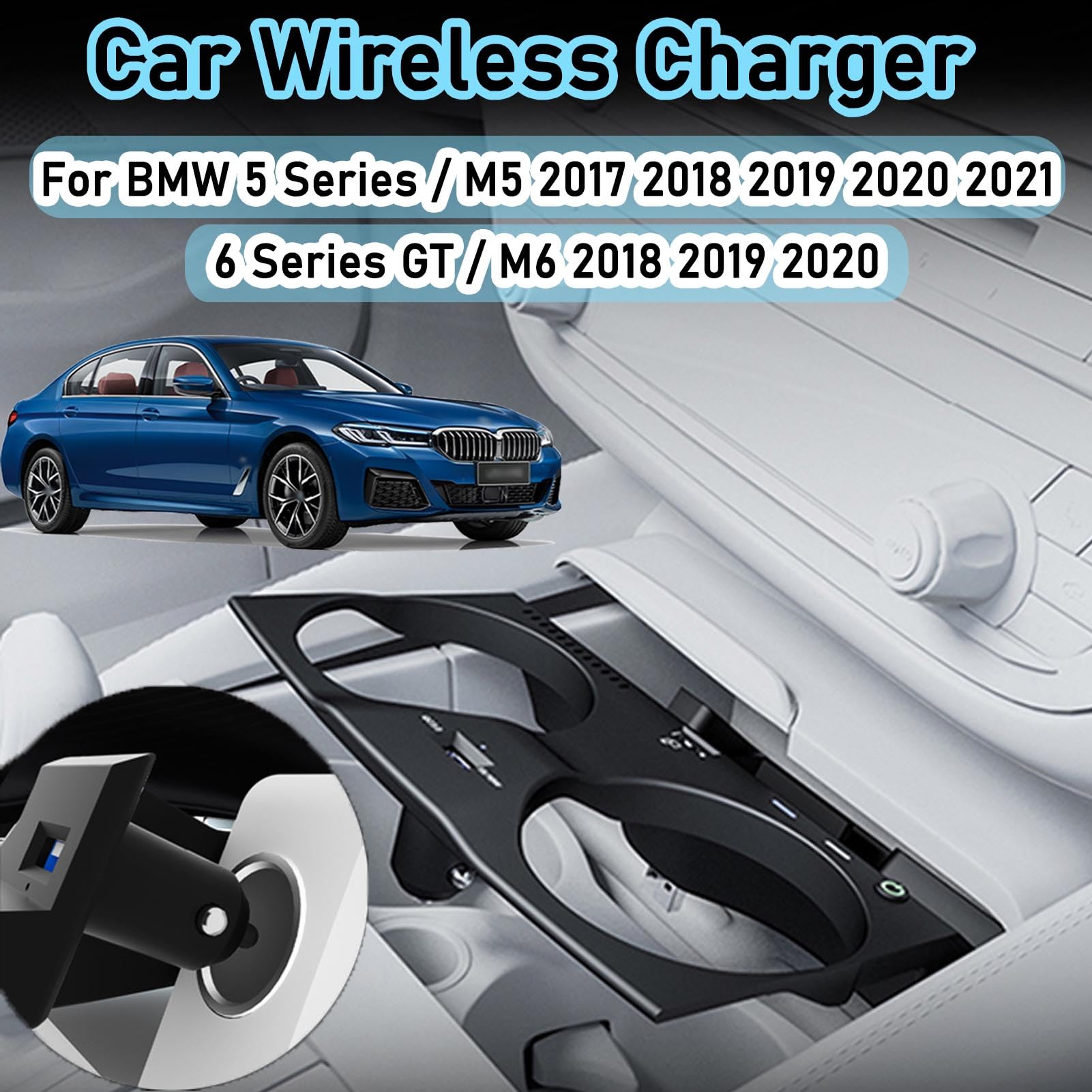 Caricabatterie Wireless per Auto per Serie 5/M5, Serie 6 GT/M6, Tutti i Modelli, Accessorio con Ricarica Rapida Wireless da 15 W e USB Qc3.0, Regalo per la Famiglia