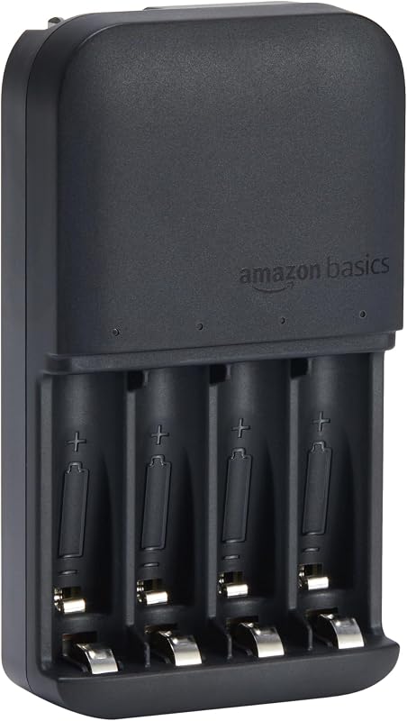 Amazon Basics Smart Battery Charger for Rechargeable AA and AAA NiMh Batteries, 4-Bay, Fast Charging with LED Indicators, Overcharging Protection, NA Plug, Black