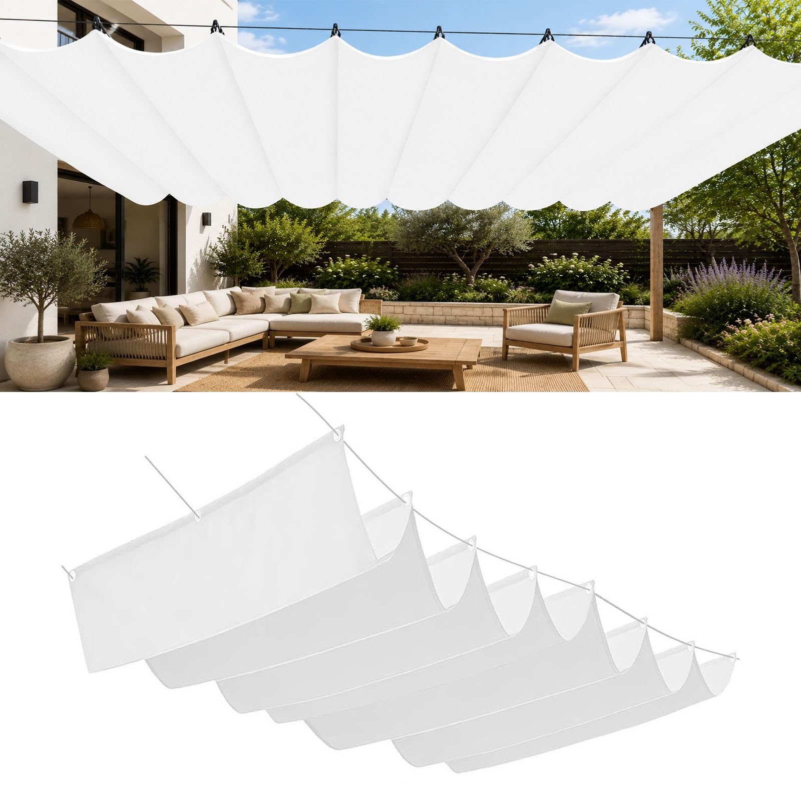 Voile d'ombrage rétractable vague rectangulaire imperméable anti-UV contre le vent pour jardin