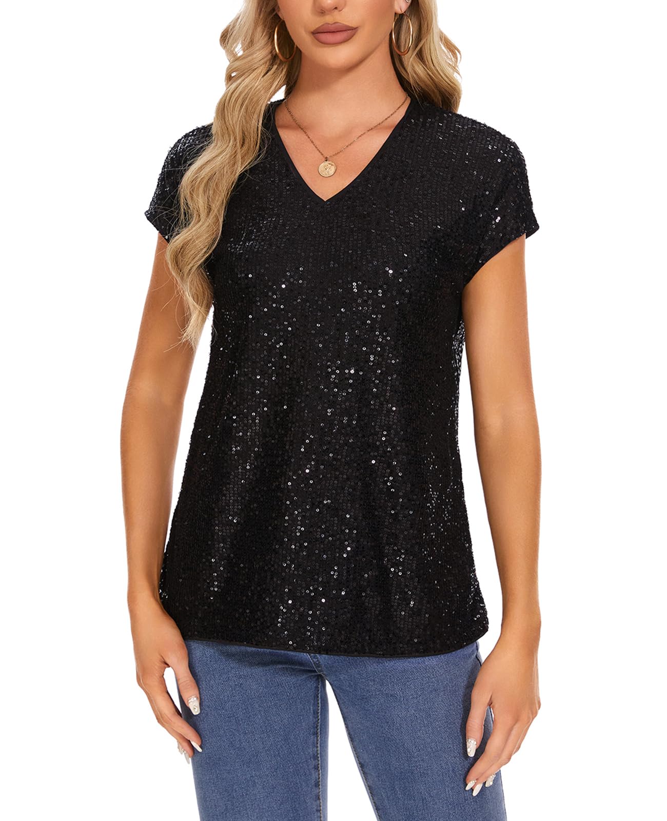 MINTLIMIT Haut pour femme à paillettes et à glissière, manches courtes, col en V, T-shirt, blouse, manches à capuchon, décontracté, fête, festival, club, b-noir, S