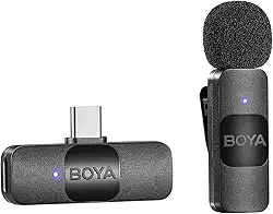 BOYA BY-V10 Microfone de lapela sem fio para smartphone Android e laptop - Microfone condensador USB C omnidirecional para gravação de vídeo para entrevista, podcast, vlog, transmissão ao vivo