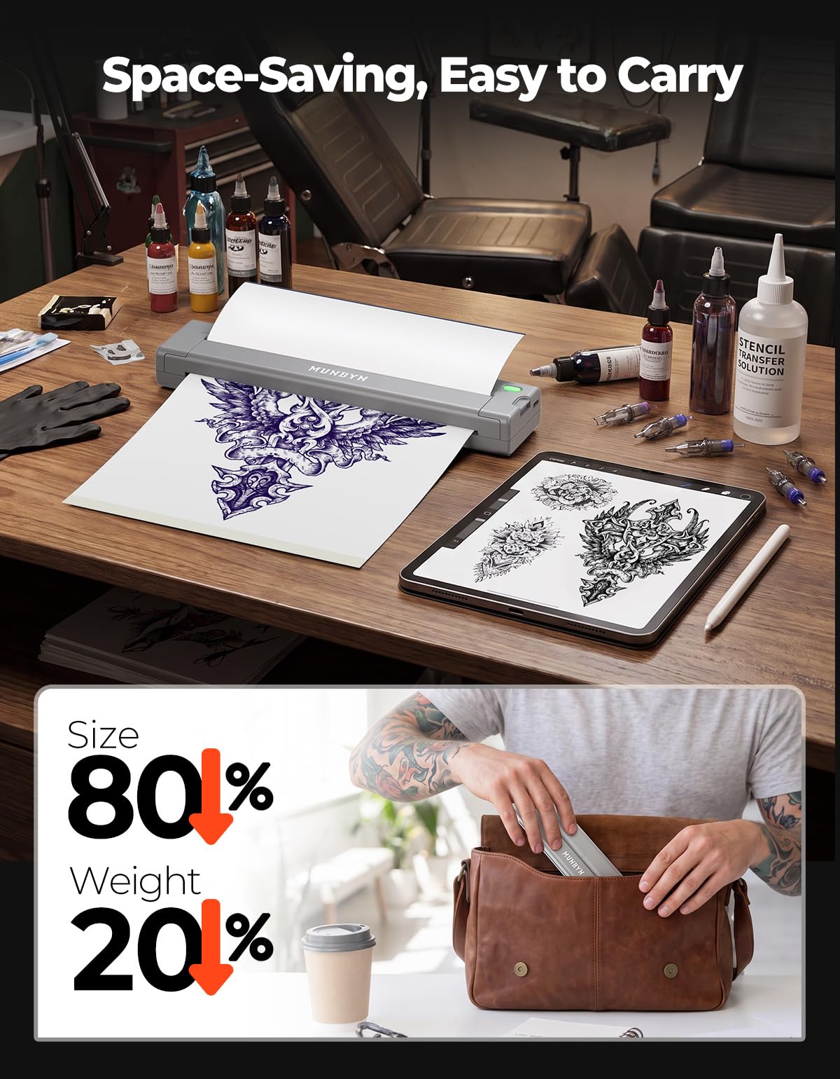 MUNBYN Termocopiadora Tattoo Bluetooth, Impresora Termica Tatuajes para DIY, Compatible con Smartphone y PC, Incluye 10 Hojas de Papel de Transferencia, ITP05S Gris