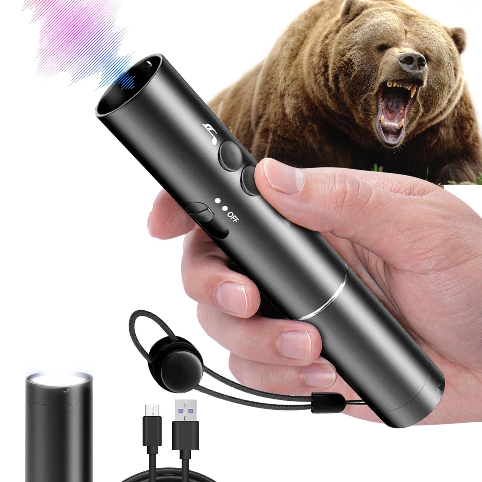 Electronic Bear Air Horn, 120dB Rechargeable Wildlife Deterrent with Flashlight, for Hiking & Camping Safety, Emergency Alert Device (Black)