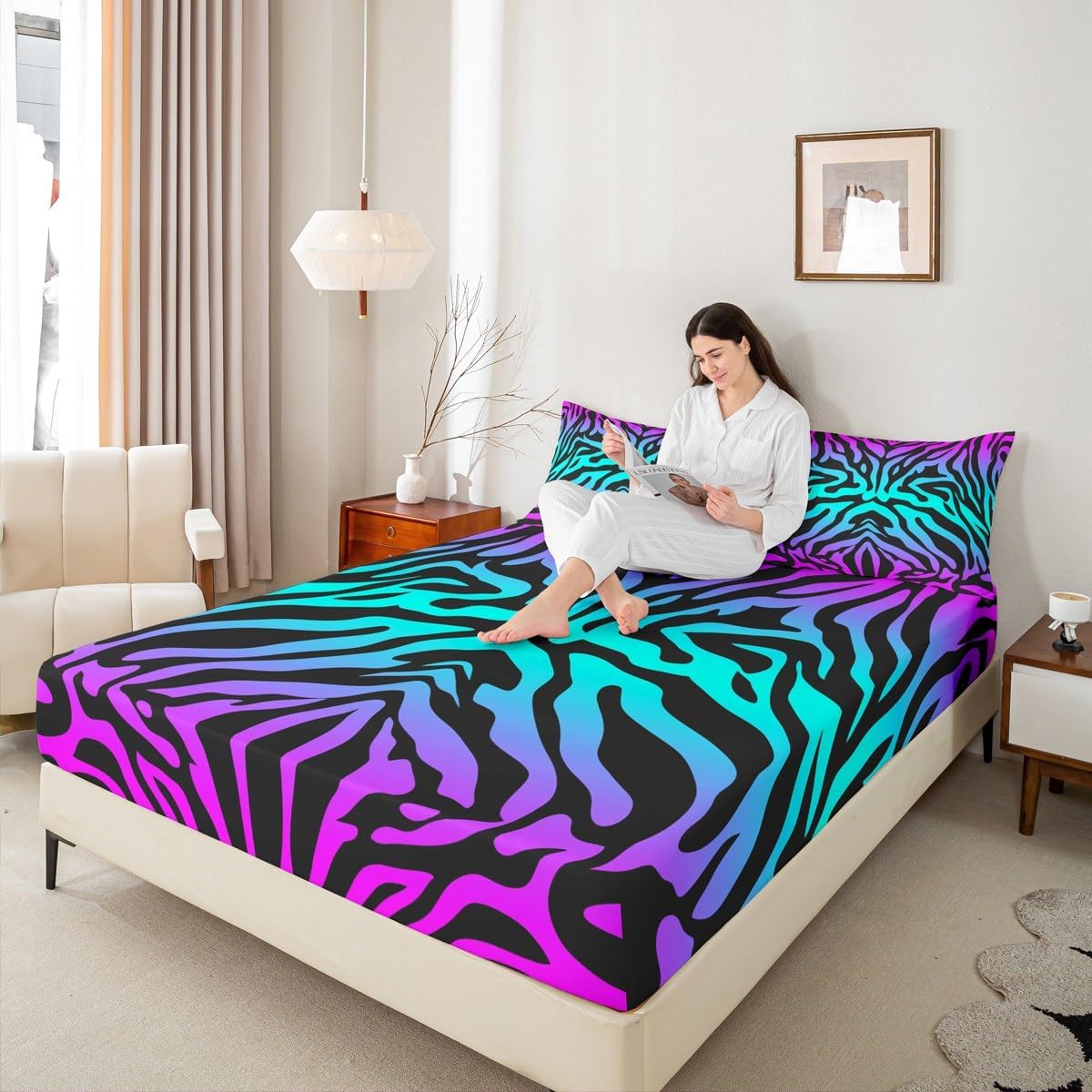Erosebridal Zebra Print Full Sheets Black and White Fitted Sheet, Wild Animal Theme Bed Sheets Safari Wildlife Fur Bed Cover, Abstract Stripe Bedding Microfiber Super Cozy 3pcs (Deep Pocket)