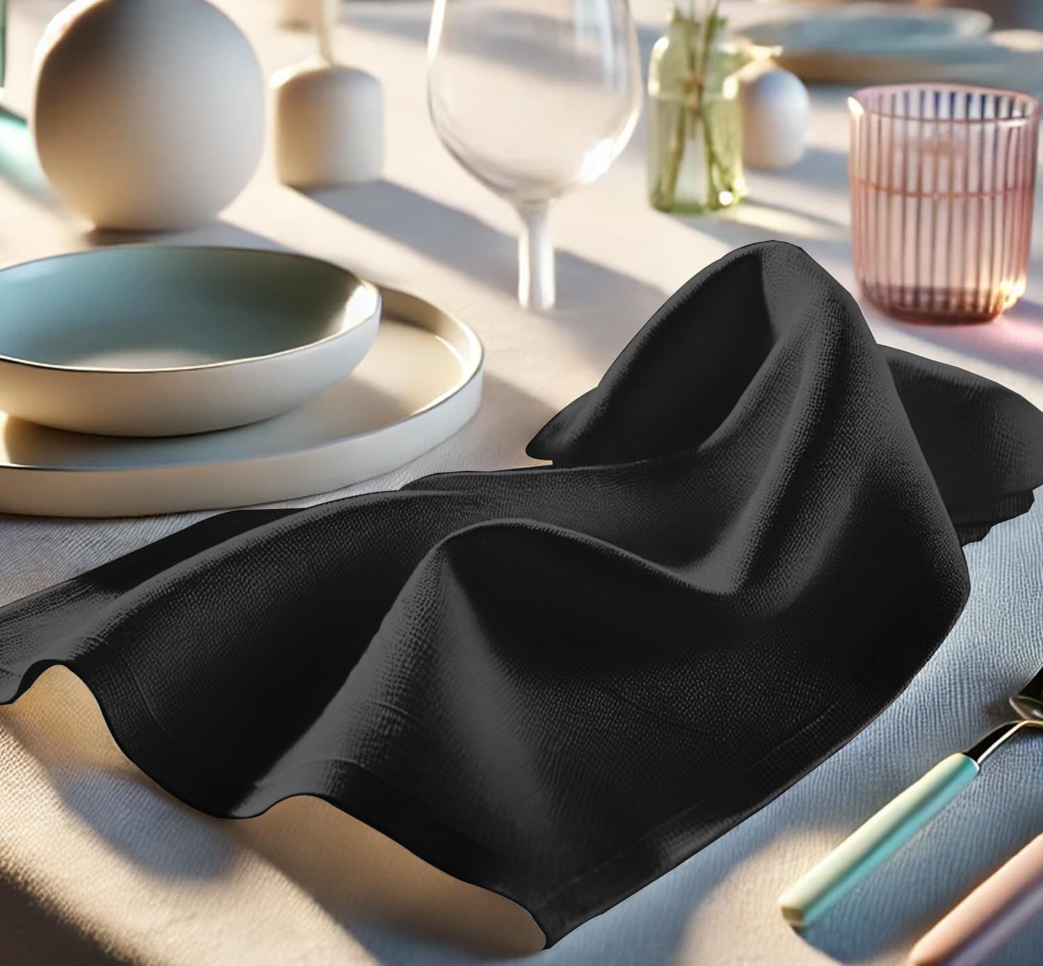 Luxury Cotton Twill Napkins - Set of 12, 20-Inch Black Solid Color, Premium Thick Cloth Napkins for Elegant Dining & Special Occasions - Soft, Absorbent & Machine Washable