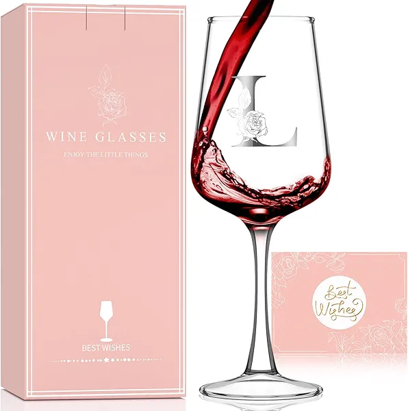 Monogrammed Wine Glass Gifts for Women - Personalized A-Z Wine Glasses with Gift Box & Greeting Card | Custom Mothers day, Anniversary, Birthday Gifts for Her, Mom, Wife, Best Friend, Sister,Woman (L)