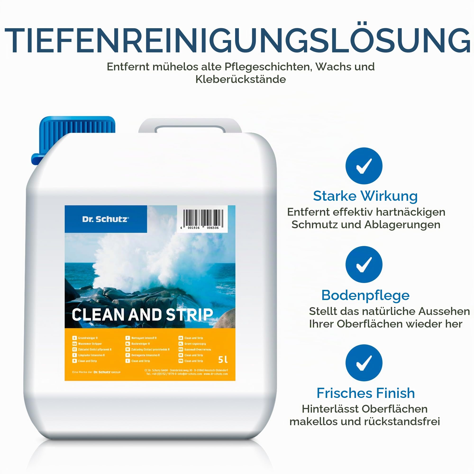Dr. Schutz Grundreiniger R 5 L für elastische Bodenbeläge | Bodenreiniger für Vinyl, PVC, CV, Linoleum, Naturstein, Kunststein, Kautschuk | Kunststoffreiniger, WPC-Reiniger, Fliesenreiniger
