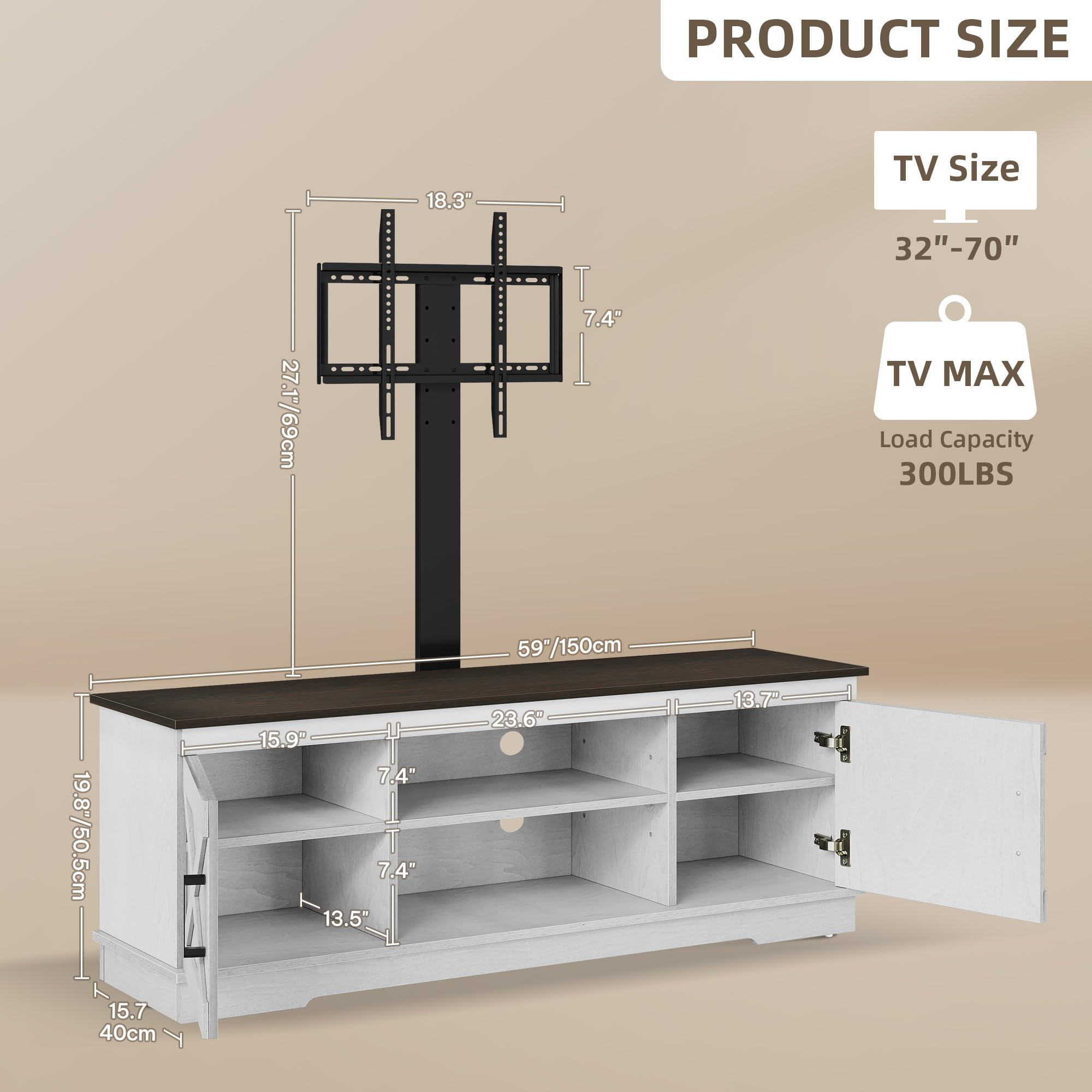 YITAHOME TV Stand with Mount for Living Room, Farmhouse TV Stand for 70 inch TV Entertainment Center, Media Console with Height Adjustable Mount, Grey White & Espresso