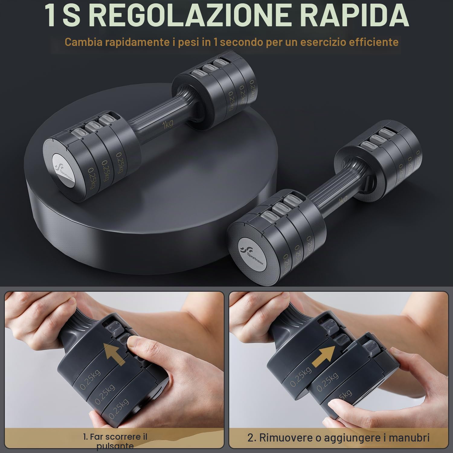 Sportneer Set di manubri regolabili: set di manubri da donna da 1 a 2,5 kg, 4 in 1, set di 2 manubri regolabili per palestra a casa, fitness, allenamento della forza, regalo