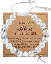 White Shell Pearl Bracelet Adjustable Cross Beaded for Women Girls First Holy Communion Baptism Gifts with Message Card Easter Confirmation Gifts for Girls Birthday Wedding Christmas