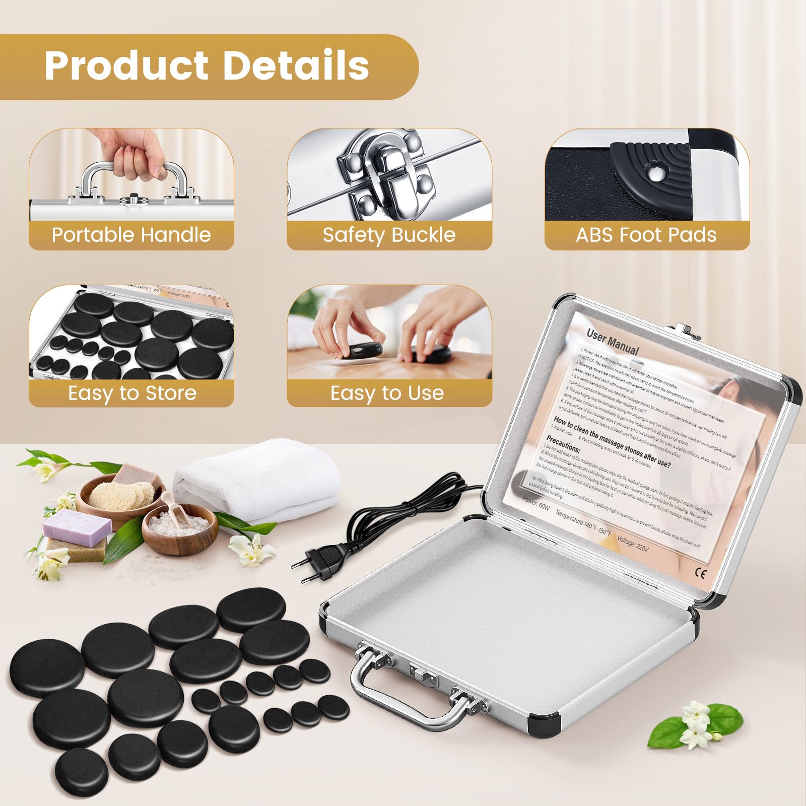 Hot Stone Set de masaje de piedras de basalto con caja térmica portátil, dispositivo de calor de piedra caliente para uso doméstico, terapia de masaje, spa, relajación (20)