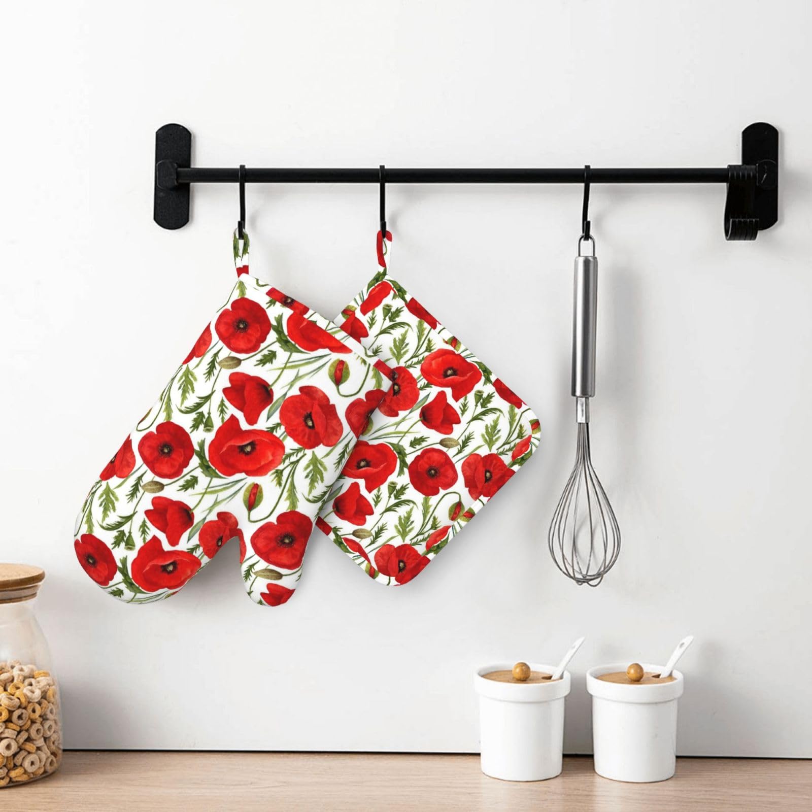 Lot de 4 maniques et maniques à imprimé coquelicot rouge | Moufles de cuisine élégantes en silicone motif coquelicots vintage pour cuisine, chef, barbecue, barbecue