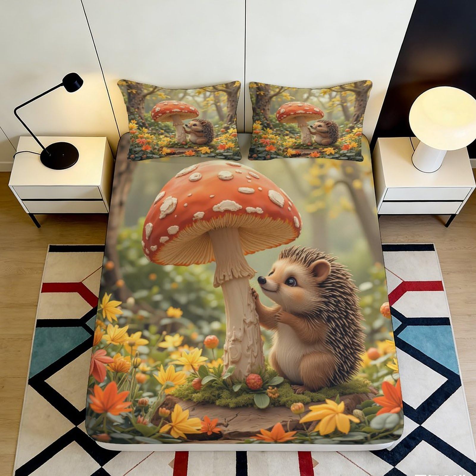 3D Printed Hedgehog Mushroom Forest Fitted Sheet Microfiber Deep Pocket Non-Slip Bedding Set Mushroom Mattress Fitted Cover 120x200x25cm