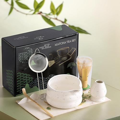 Miniatura 9 de cjc Juego de matcha: juego de batidor de matcha de 7 piezas, juego de matcha japonés con cuenco de cerámica, batidor de bambú y soporte, juego Azul