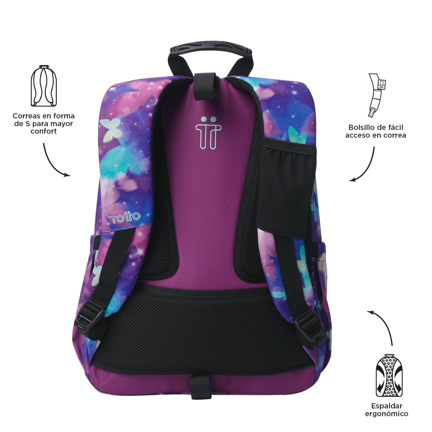 TOTTO - Mochila Escolar Adaptable a Carro, Modelo Acuareles, Capacidad 20 L, Bolsillo Pc 14", 2 Bolsillo Botella, Espaldar Ergonómico con Flujo de Aire, Correas en S, Estampado Star Butterfly Glitter