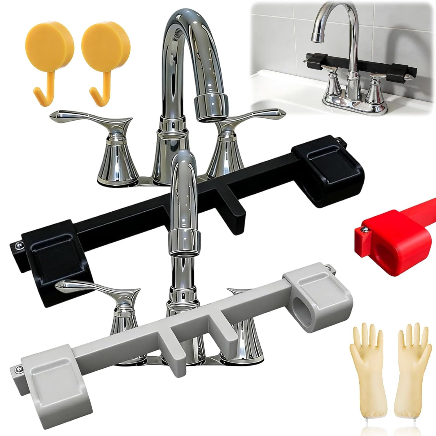 Universal Faucet Handle Lock for Double Sinks, Child Proof Sink Faucet Lock with Central Pipe Fixation, Pet and Child Safety Faucet Guard with Anti-Drop Columns on Both Ends (2pc-c)