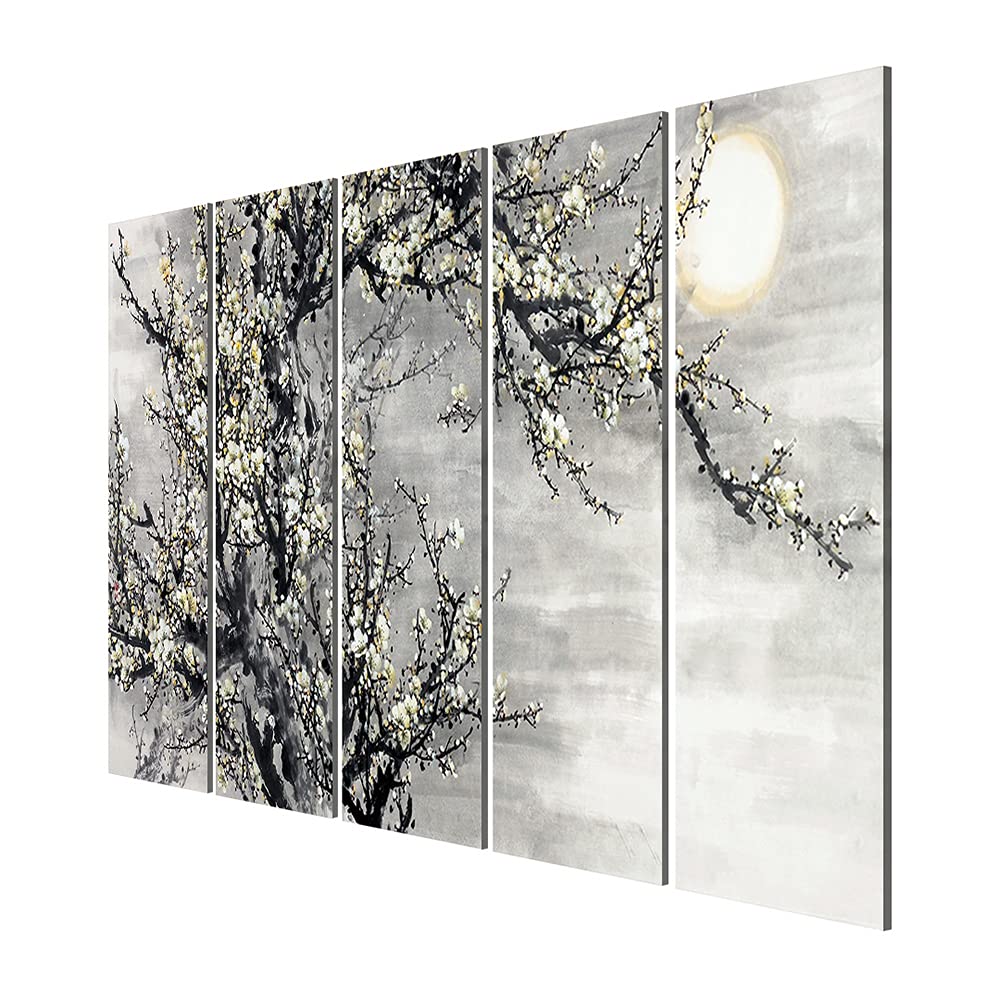 999STORE 5 panel wall painting wall frames for living room with frame wall hanging beautiful sun with tree nature gu bed (MDF_Size_76x130 cms_color_Grey) 5Frames0572 1