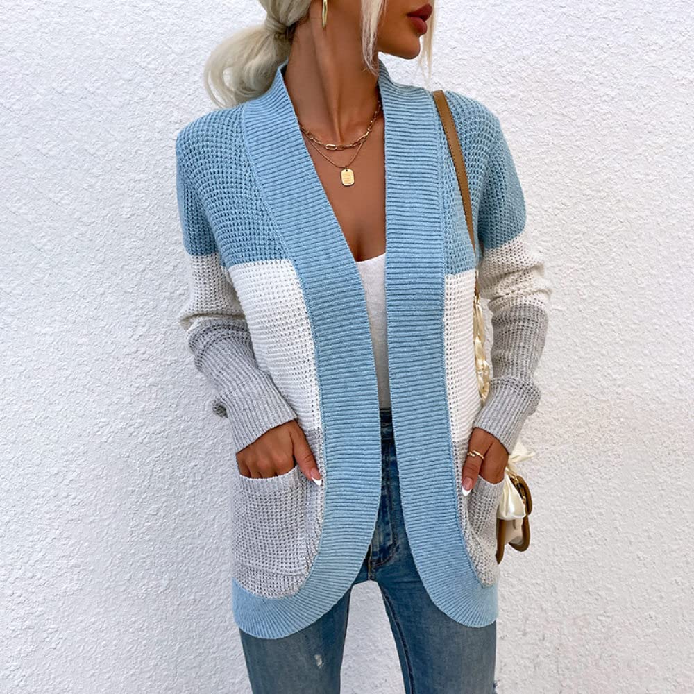 Gilet Femme, Cardigan Femme Rétro Bleu Gris Couleurs Assorties Avec Poches Arc Ourlet Manteau En Tricot Doux Et Chaud Automne Hiver Veste En Tricot À Manches Longues Pull Ouvert Sortie Décontract