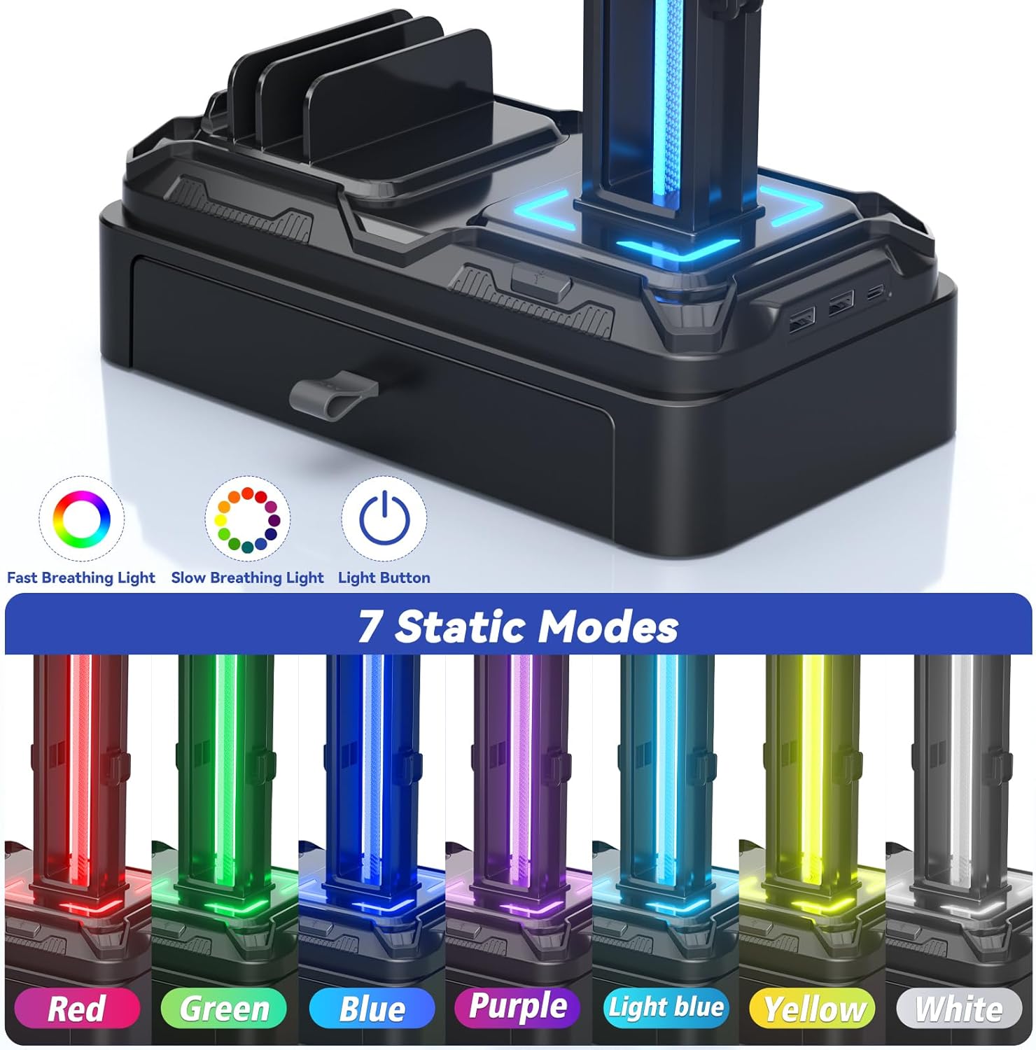 KDD Headphone Stand with USB A&C Charger Ports - RGB Controller Stand with Detachable Hooks - Rotatable Headset Hanger & Device Slot for Phones/Tablets - Drawer Storage Base for Gaming Desk Organizer