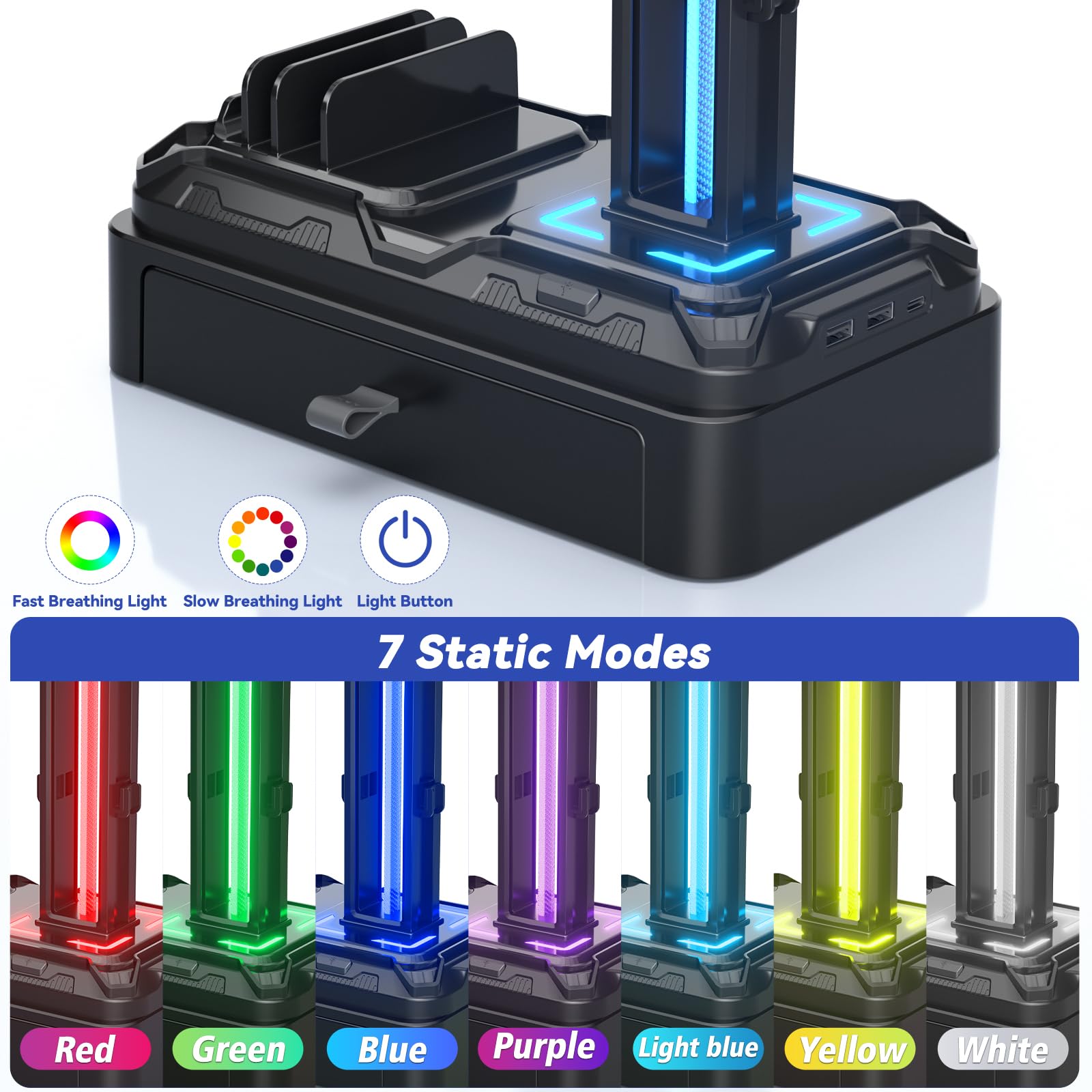 KDD Supporto Cuffie con Porte USB A&C - Supporto Controller e Ganci Rimovibili - Appendi Cuffie Girevole e Slot per Dispositivi per Telefoni/Tablet - Base con Cassetto per Scrivania, Gaming