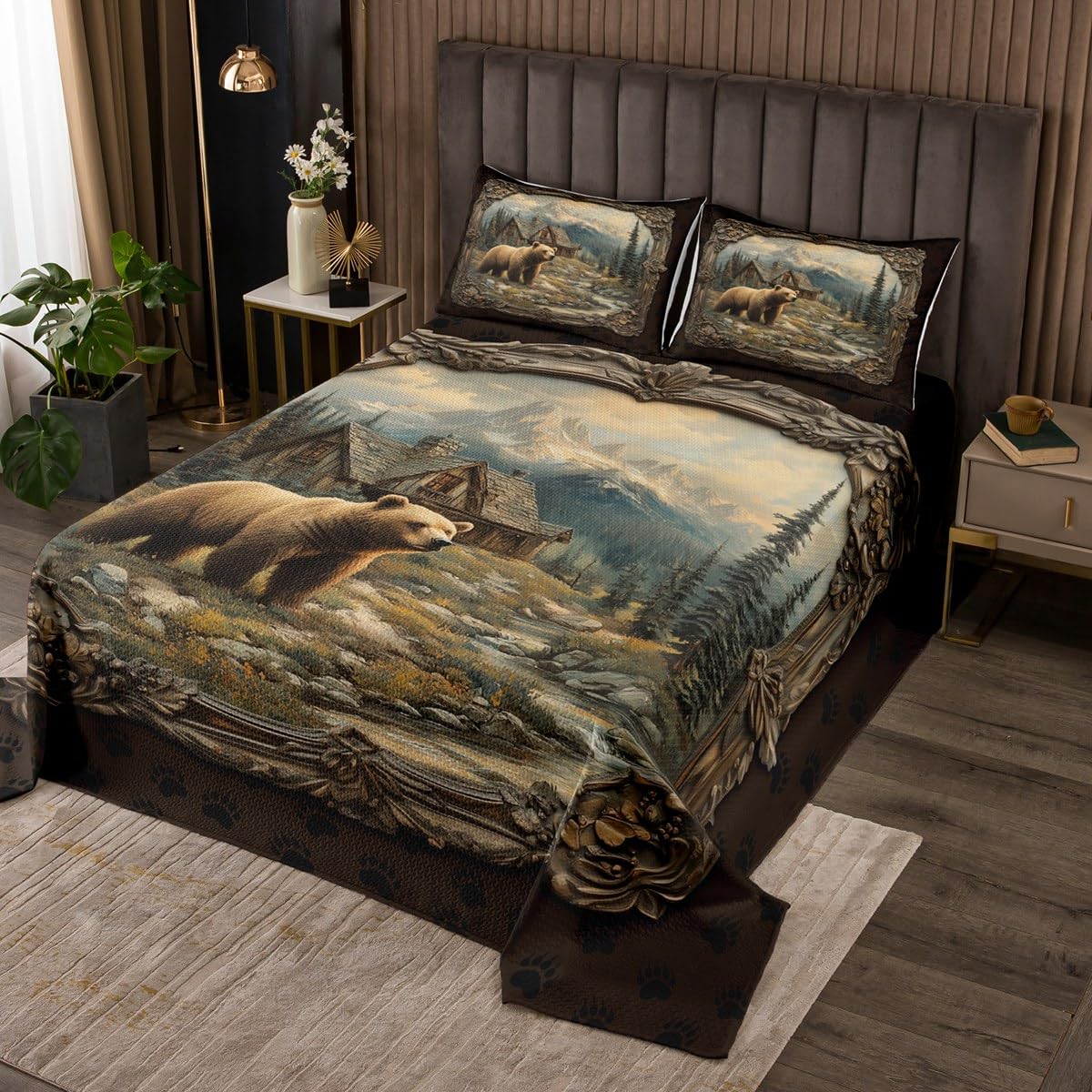 Bear Pattern Quilt Set for Kids Teens,Bears Paw Bedspread Coverlet,Retro Illustration Bed Cover Village Tree Mountain Queen Quilt Decorative Quilted 2 Piece Coverlet with 1 Pillow Sham,Twin Size