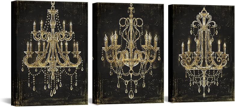 iHAPPYWALL 3 Pieces Black and Gold Chandelier Canvas Wall Art Abstract Diamond Chandelier Crystal Lamp Picture Artwork for Home Bedroom Decor Ready to Hang 12x16inchx3pcs