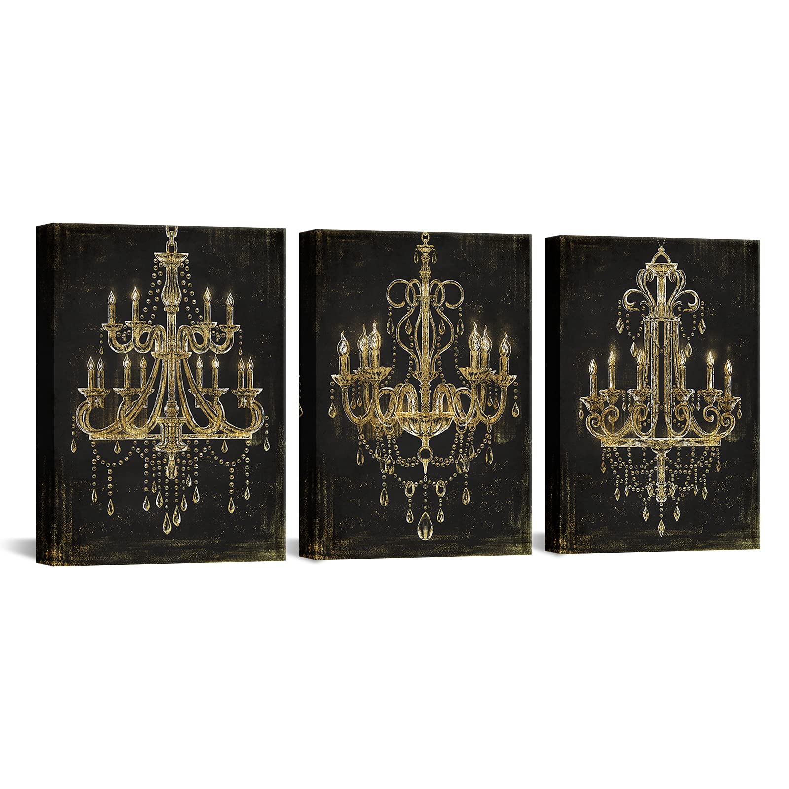 Photo 1 of iHAPPYWALL 3 Pieces Black and Gold Chandelier Canvas Wall Art Abstract Diamond Chandelier Crystal Lamp Picture Artwork for Home Bedroom Decor Ready to Hang 12x16inchx3pcs