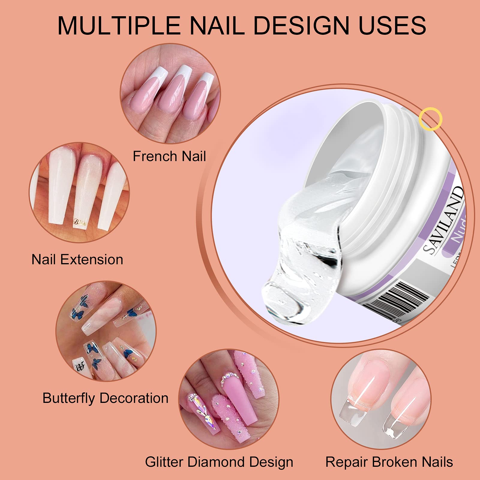 Saviland Gel Construction Ongle U V, 4 Couleurs de Base d'Extension d'Ongles Clair Blanc Nudes Rose, avec Pinceau à Ongles, 100Pcs Chalbon, Top Coat et Base Coat pour Renforce les Ongles Gel
