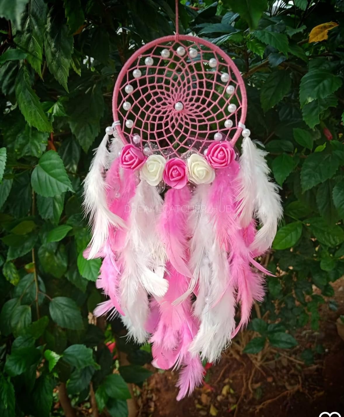 Handmade Dream Catcher Car Hanging for Rear View Mirror | Pink & White Feather Car Decor with Pearl Beads & Rose Design | Lucky Charm, Evil Eye Protector | Car & Home Hanging Decoration (32 cm)-image-24