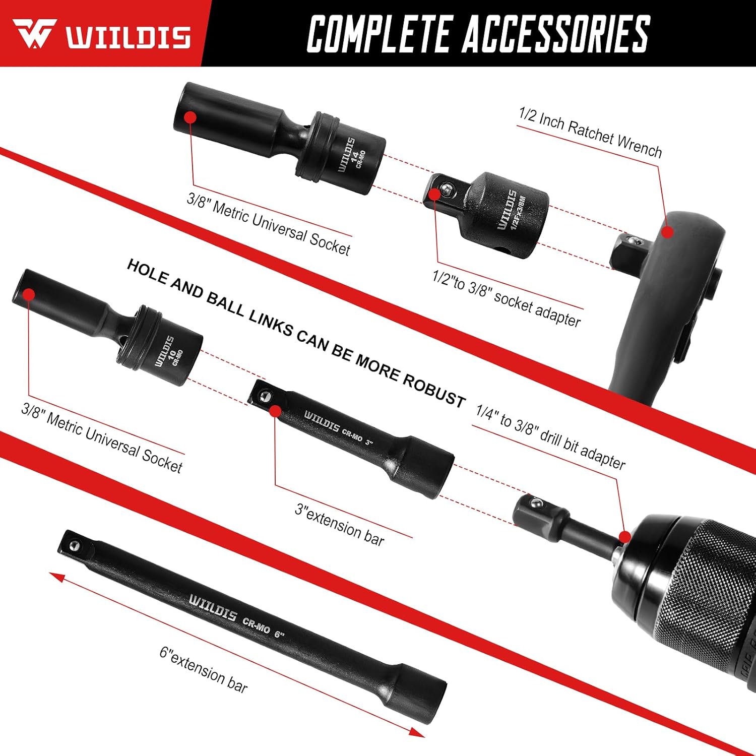 WIILDIS 14 Pieces 3/8" Drive Swivel Socket Set, Deep Universal Impact Socket Set, Metric(10-19mm) Flexible Magnetic Wobble Socket Set, 6 Point, CR-MO, 3", 6" Extension Bars, Socket Adapter