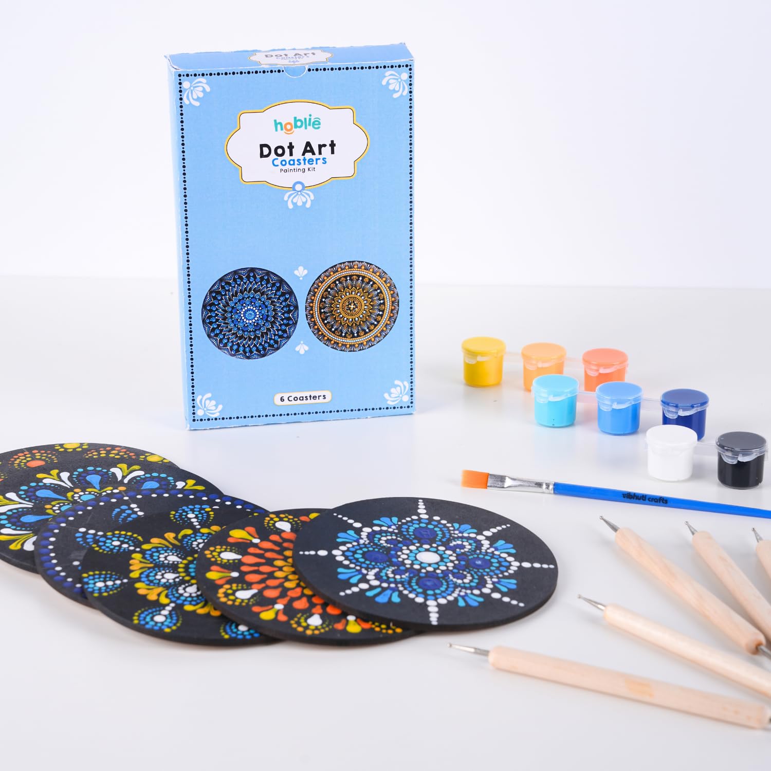 Hoblie Dot Art DIY Coaster Painting Kit for Adults | Set of 6 Mandala Dot Art Coasters | Acrylic Painting Kit for Adults Craft & Gifting-image-37