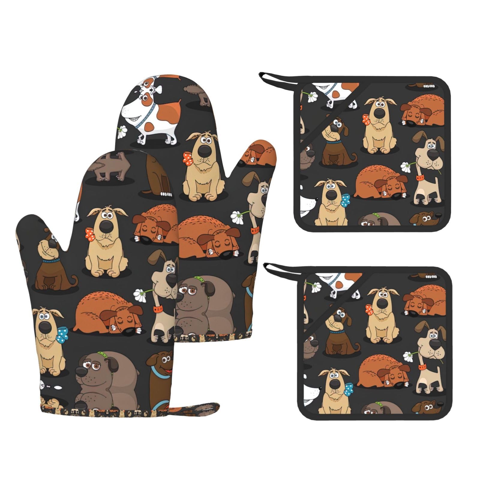 Dog Corgi Trendy Printed Kitchen Set with Heat Resistant Gloves & Non-Slip Hot Pads for Baking & Grilling