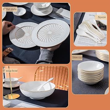 Luxury Bone China Dinnerware Set, Fine China Plate and Bowl Sets, Phnom Penh Embossed+ Floral Print Porcelain, High-End Gift Box, Service for 8 (Blue 60Pcs)
