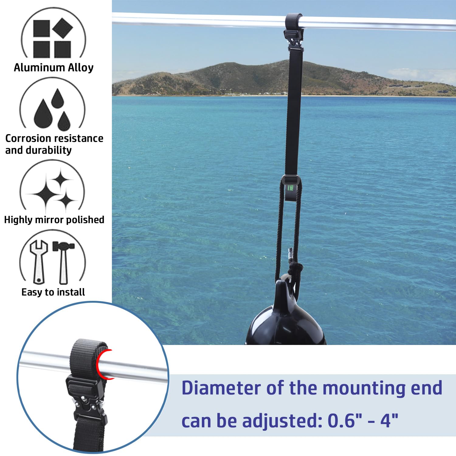 YUSOVE 2 Pcs Boat Fender Lock Kit | Fender Quick Release Strap | Boat Rail Fender Adjust Strap 100% Aluminum Alloy Quick Release Buckle (Black)