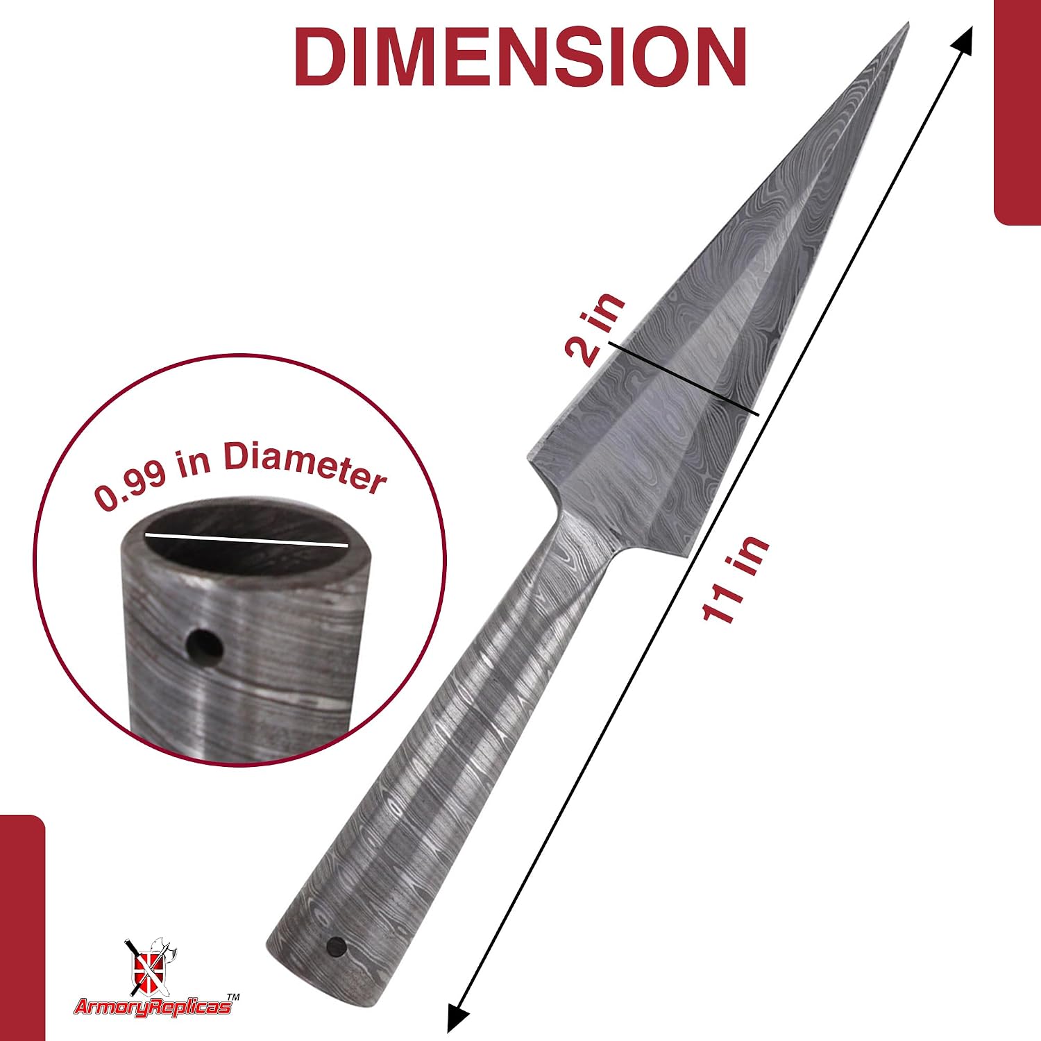 Armory Replicas™ Traditional Viking Damascus Steel Spear Head - 11.25" Hand-Forged Double-Edged Triangular Blade, 1095/15N20 Steel, 1" Mount Attachment, Perfect for Reenactments and Collections.
